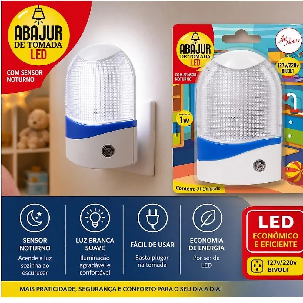 Luminária de Tomada LED Abajur com Sensor de Presença 1W Bivolt Branco Utibom webcontinental-7899658379124