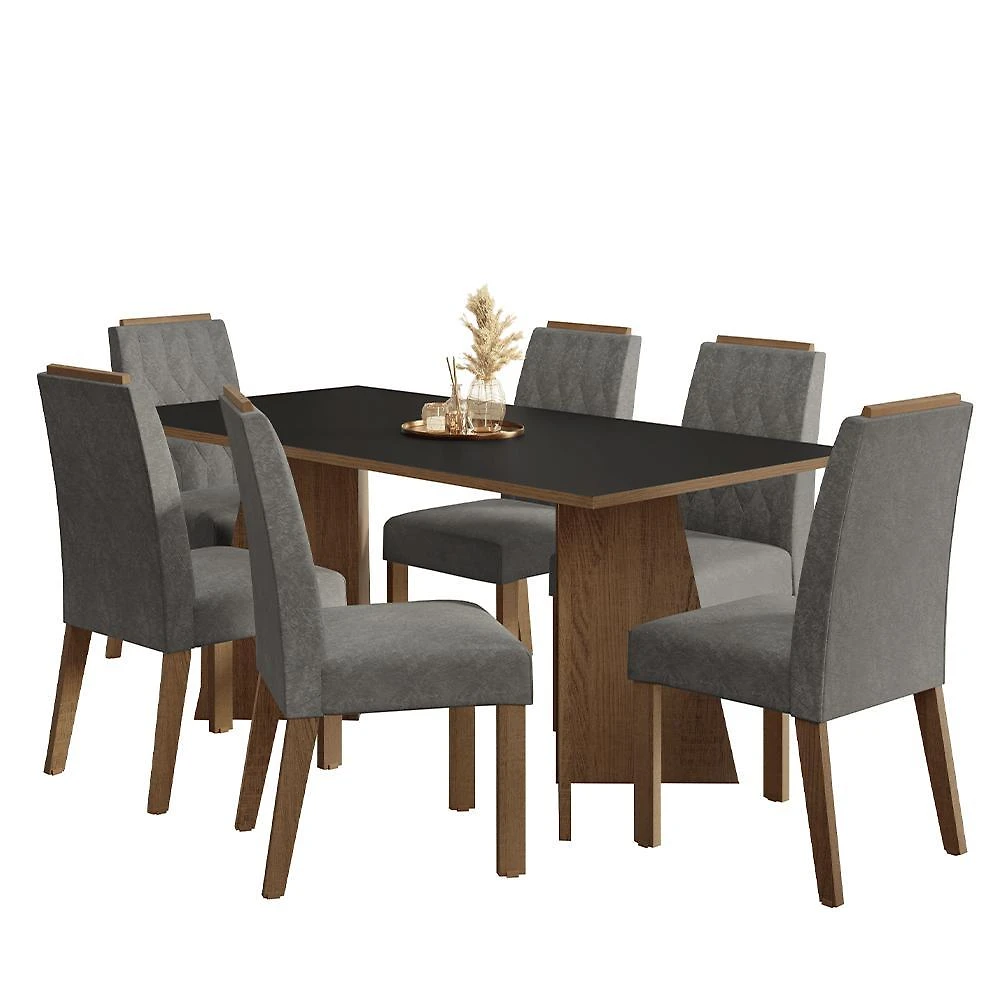 Conjunto sala de jantar tampo de madeira 6 cadeiras rustic/preto/silver york madesa