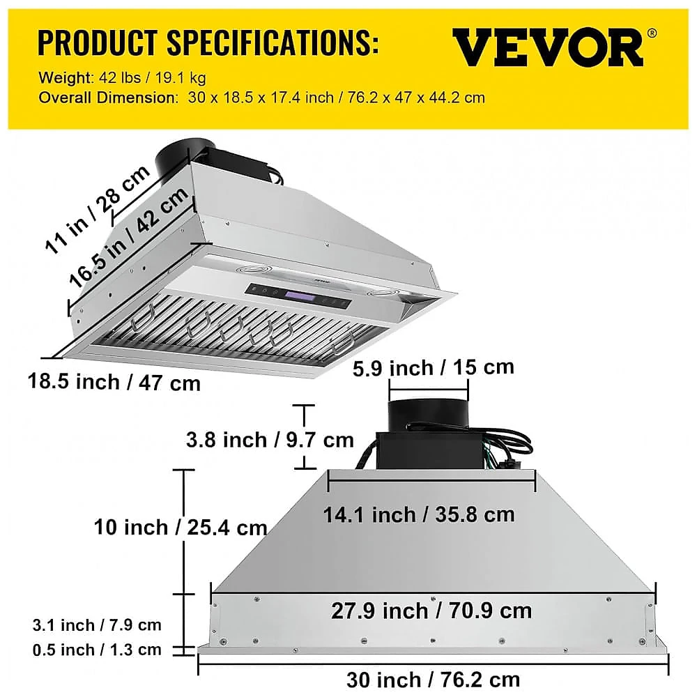 Coifa Embutida VEVOR Inox 76 cm 900CFM 4 Velocidades LED Duto/Sem Duto Controle Remoto 110V