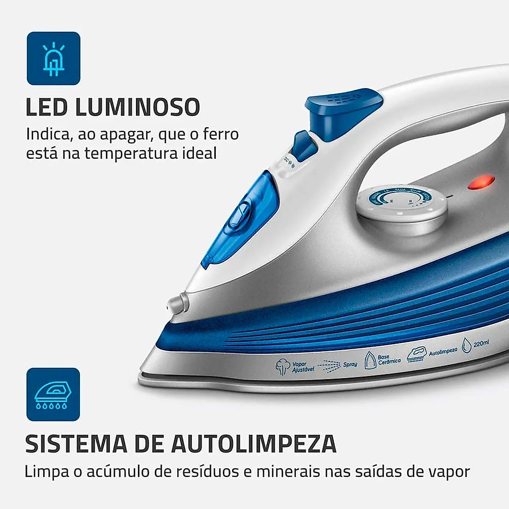 Ferro de Passar a Vapor Mondial FVN-01-BL 1200W Azul com Branco - 110V