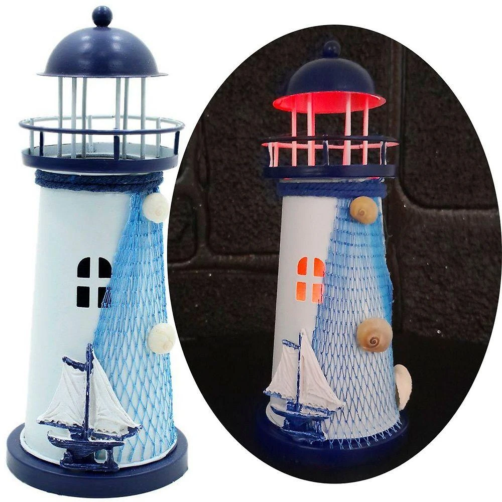 Enfeite Náutico Farol Artesanal em Metal com Leds Embutidos 18CM Azul Outras Marcas
