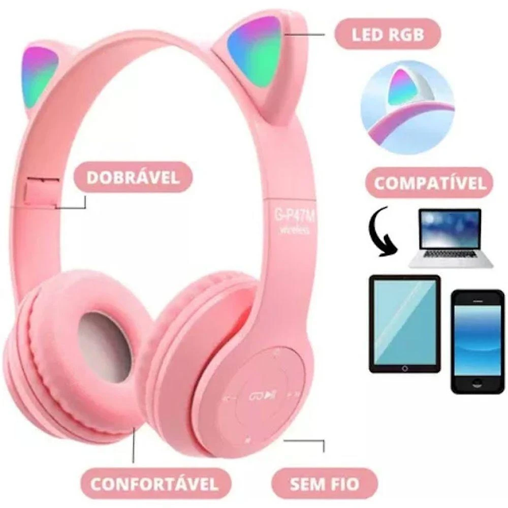Fone de Ouvido Infantil Bluetooth com LED Genai Eletronicos Gatinho Dobrável para Música e Chamadas