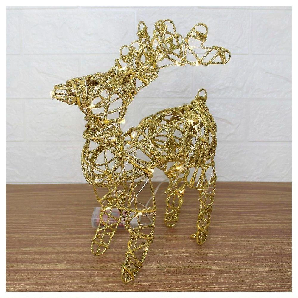 Rena Aramada Natal Iluminada 30 Led Dourada Com Glitter 30cm