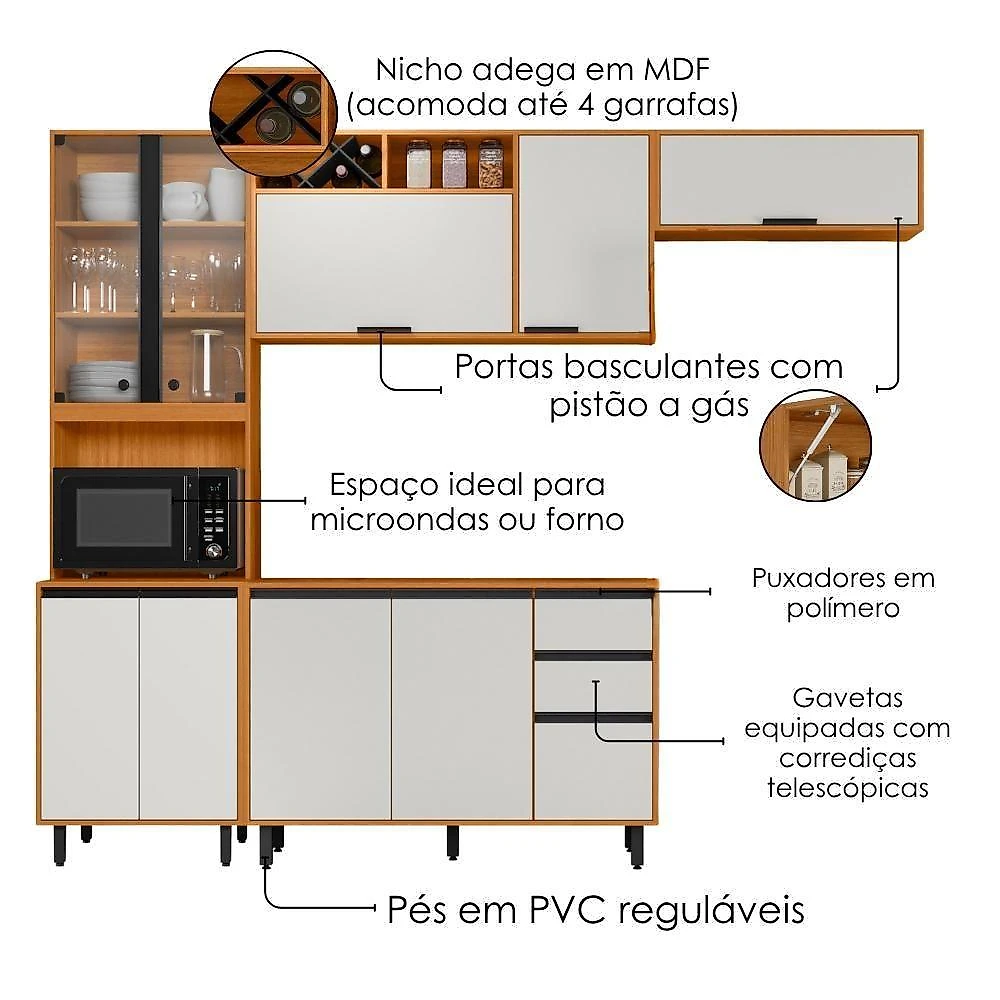 Cozinha Modulada Ravena 4 Módulos sem Porta sem Gaveta MDP 260CM Freijo Off Acetinado Poliman Móveis