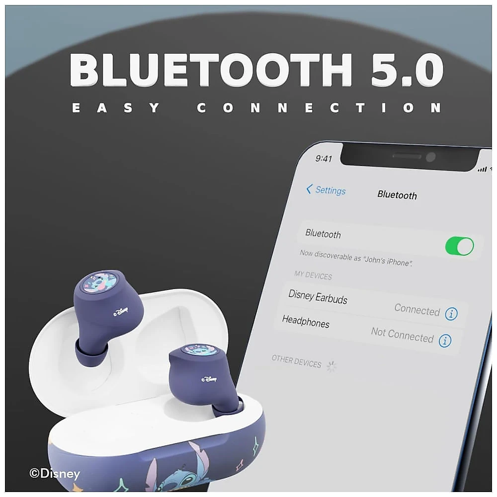 Fones de Ouvido sem fio Disney Lilo e Stitch com Microfone Embutido e Até 30 Horas de Reprodução, iJoy, Azul