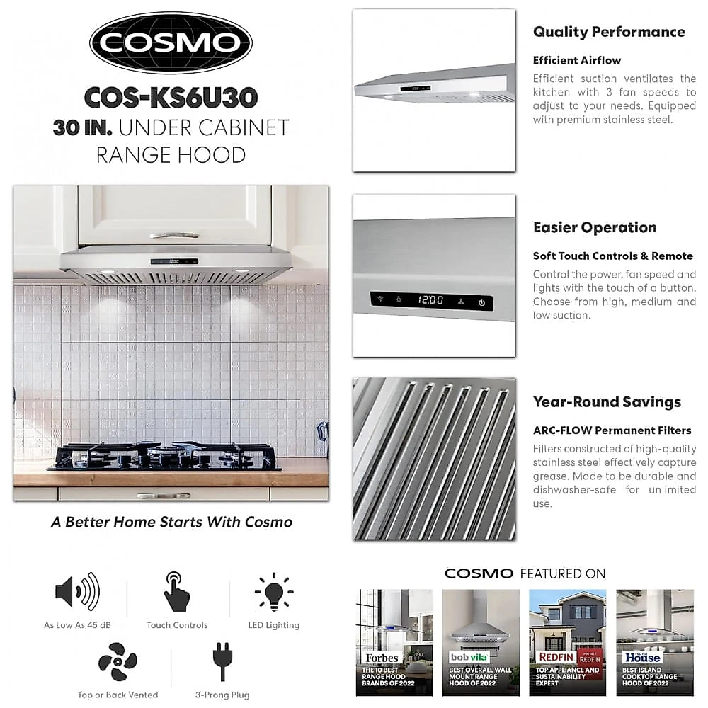 Coifa Sob Armário COSMO COS-KS6U30 Aço Inox Escovado 850 m³/h 3 Velocidades Touch LED 110V, 74,9cm
