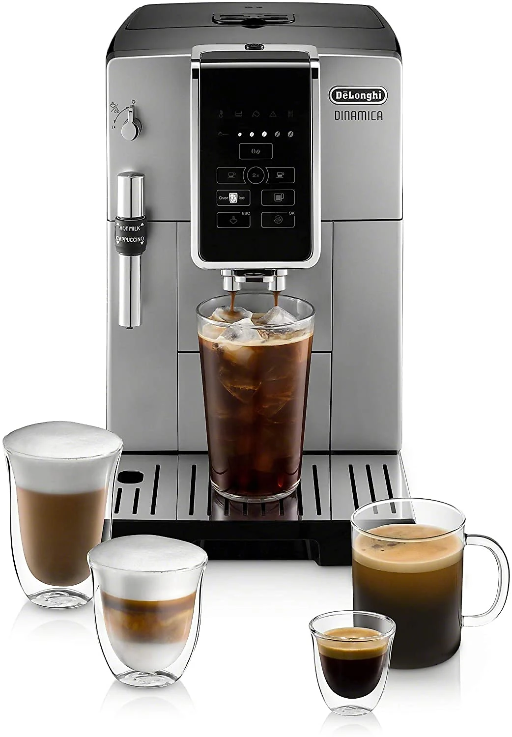 DeLonghi Dinamica Automatic Coffee e Espresso Machine TrueBrew IcedCoffee Burr Grinder Premium Adjustable Frother Descaler Cleaning Brush e Bean Icecube Tray Stainless Steel ECAM35025SB