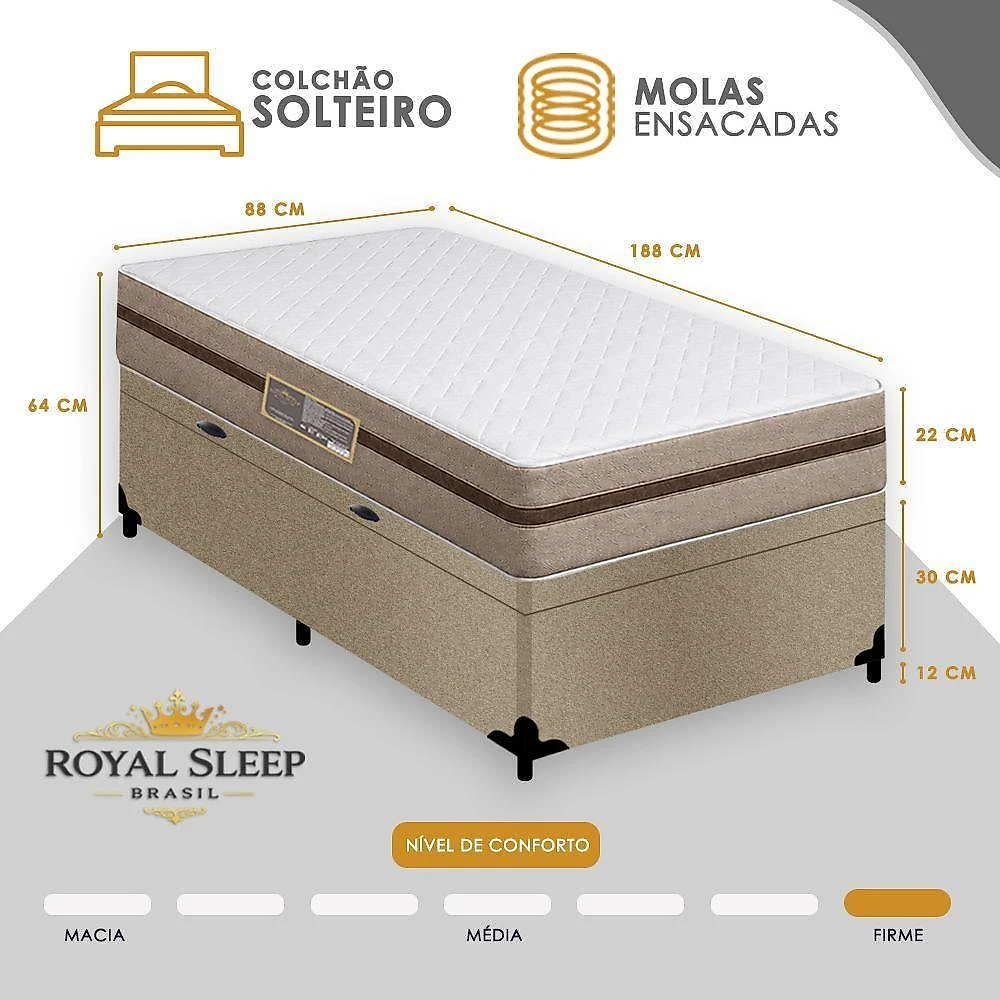 Cama Box com Baú Solteiro Bioclassic Molas Ensacadas Suede Bege Royal Sleep 88CM