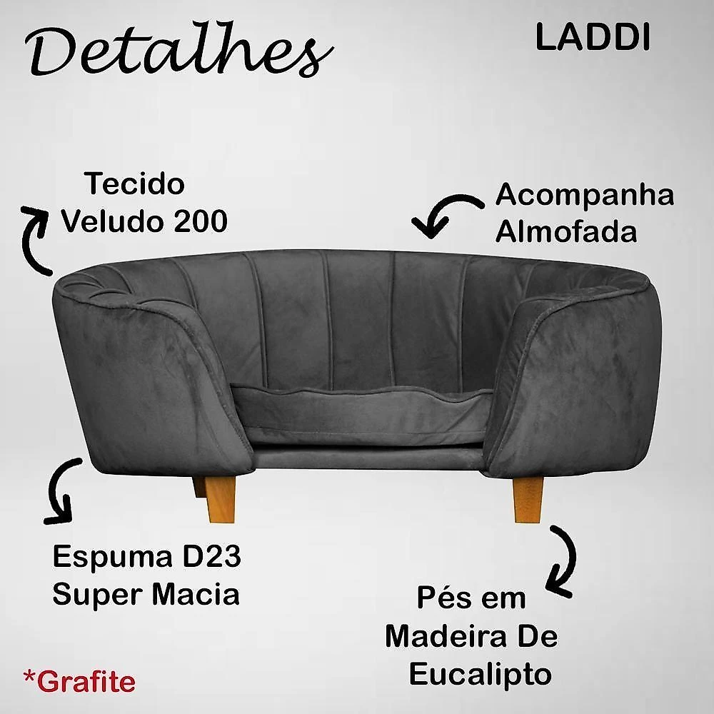 Poltrona Cama Caminha Pet Laddi Veludo Grafite Dvinn Grafite