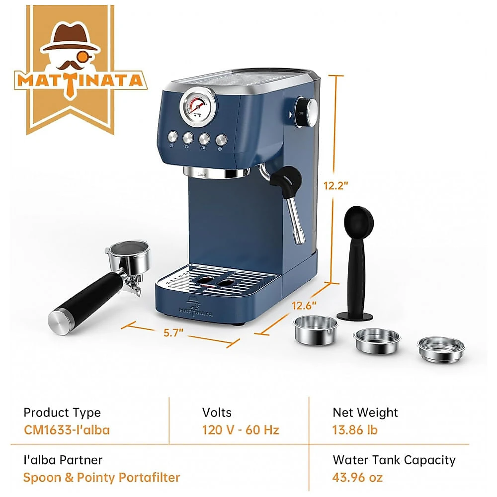 Máquina de Espresso 20 Bar, Vaporizador Profissional, Manômetro Colorido, 1,45L, MAttinata, Inox, Azul, 110V