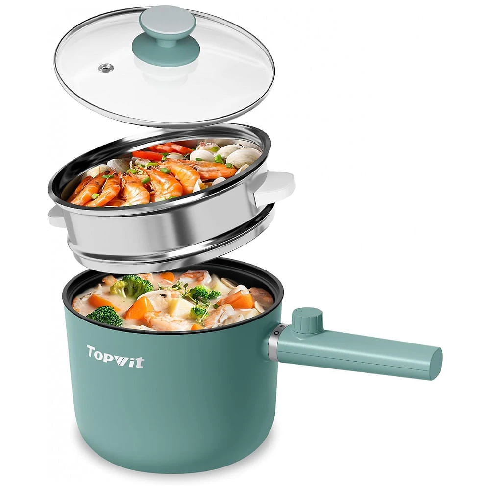 TopWit Panela Elétrica com Vaporizador 1,5L - Cozinhe Ramen, Massas e Mais com Controle Duplo de Potência