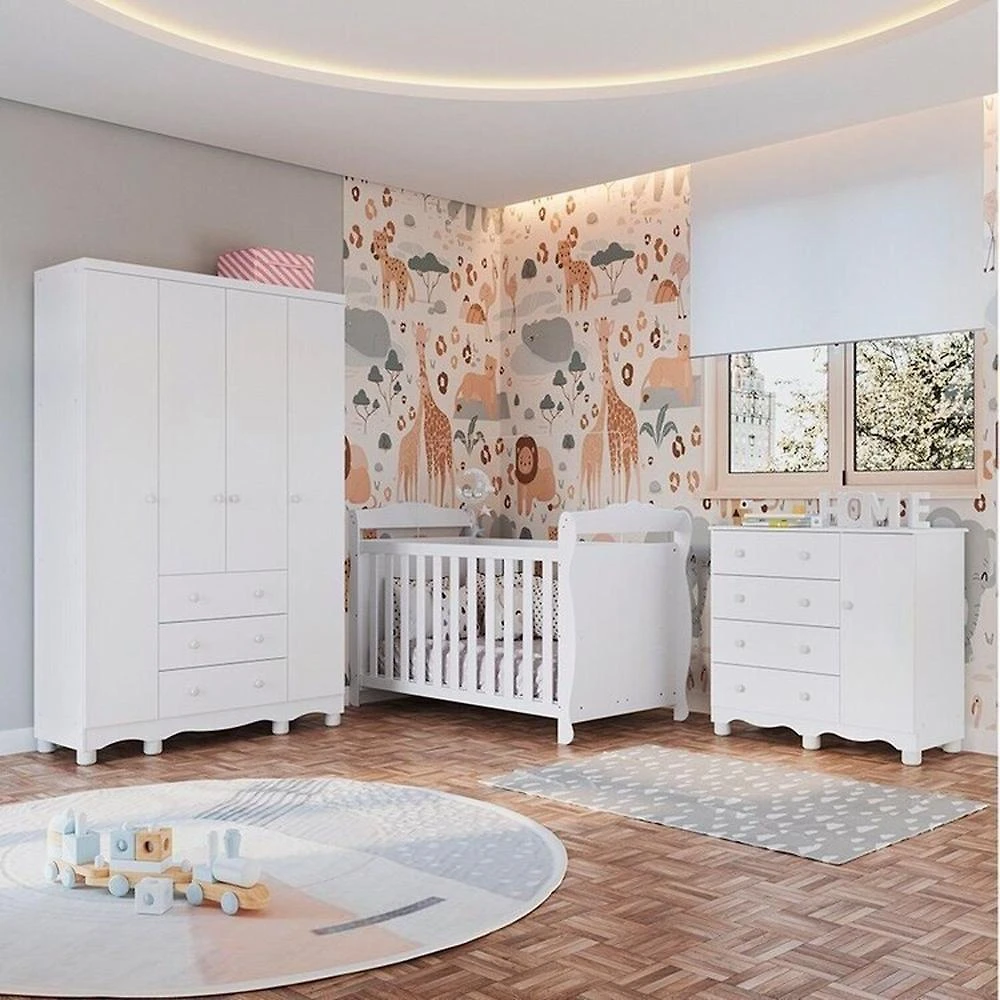 Miniatura Quarto de Bebê Completo Berço Minicama Guarda-roupa 4 Portas e Cômoda 100% Mdf Nina Espresso Móveis Branco Brilho