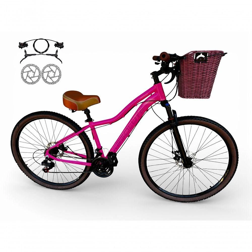 Bicicleta Aro 29 Feminina Absolute Hera Retrô Vintage 21v Hidráulica Confortável Cesta Selim 2 Molas - Rosa Tam 15