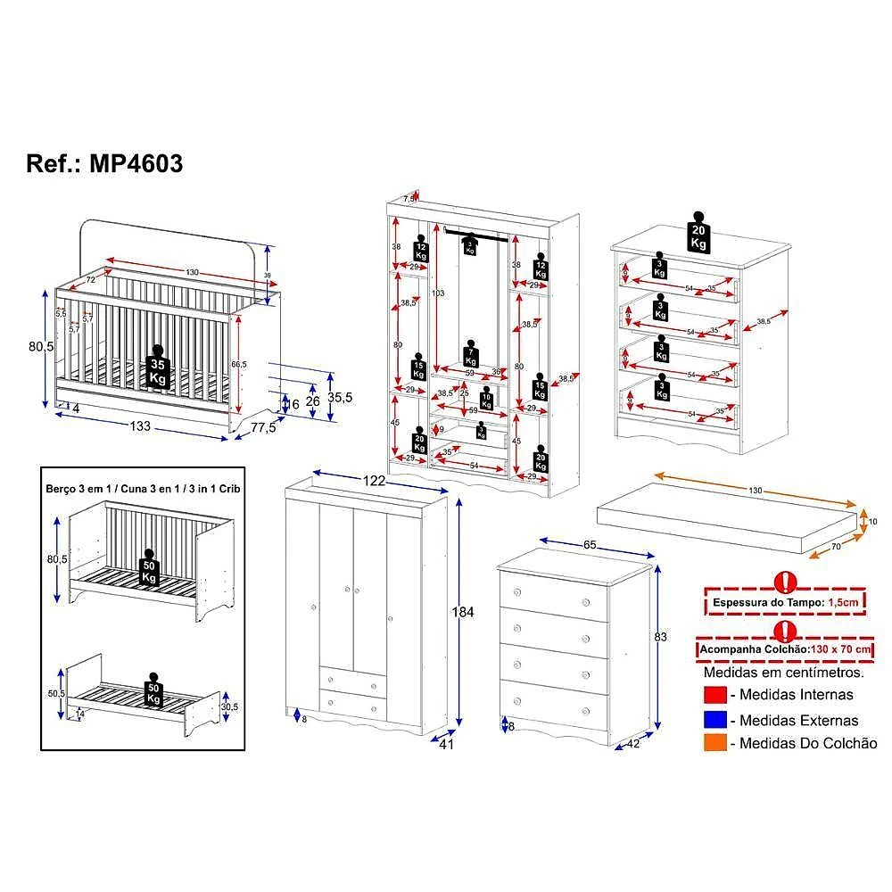 Quarto De Bebê Completo Berço Americano 3 Em 1 Colchão Realeza Multimóveis MP4603 Branco-off White