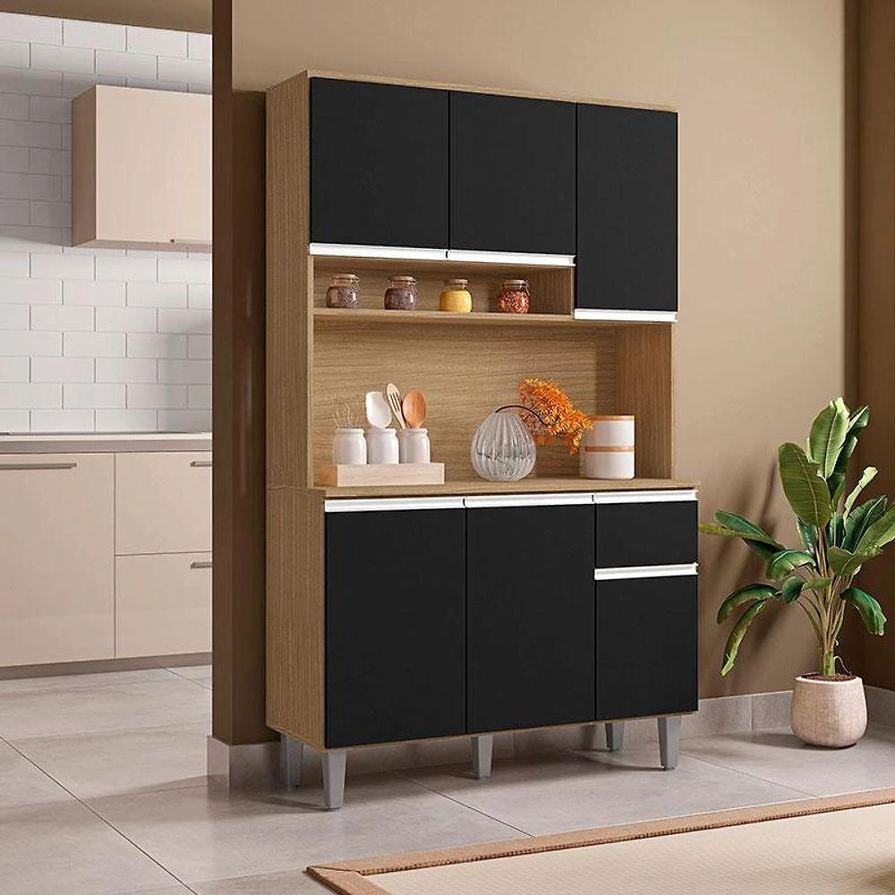 Armário Para Cozinha Ambiente Kit Márcia Amendoa Preto - Ajl