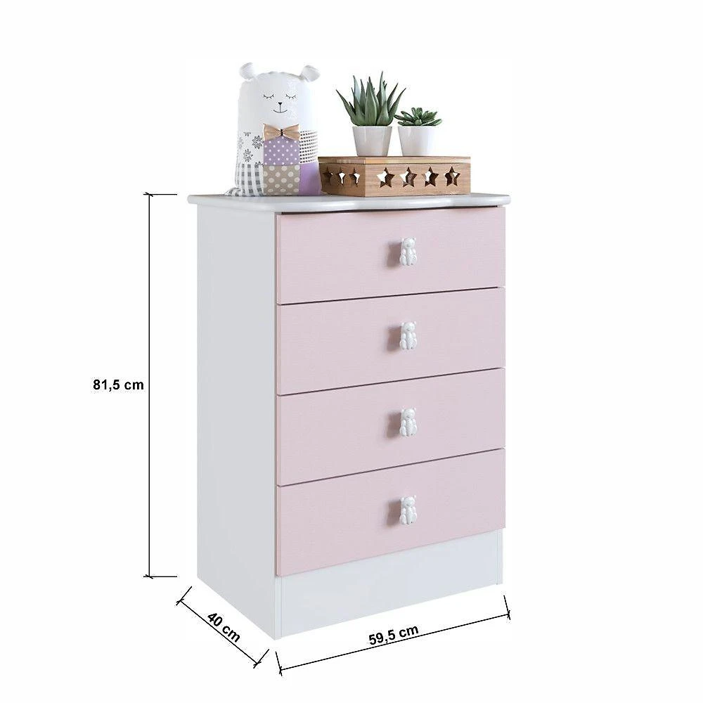 Conjunto Quarto de Bebê Céu Rosa com Cômoda 4 Gavetas em MDP e Madeira Maciça Rosa Percasa Móveis