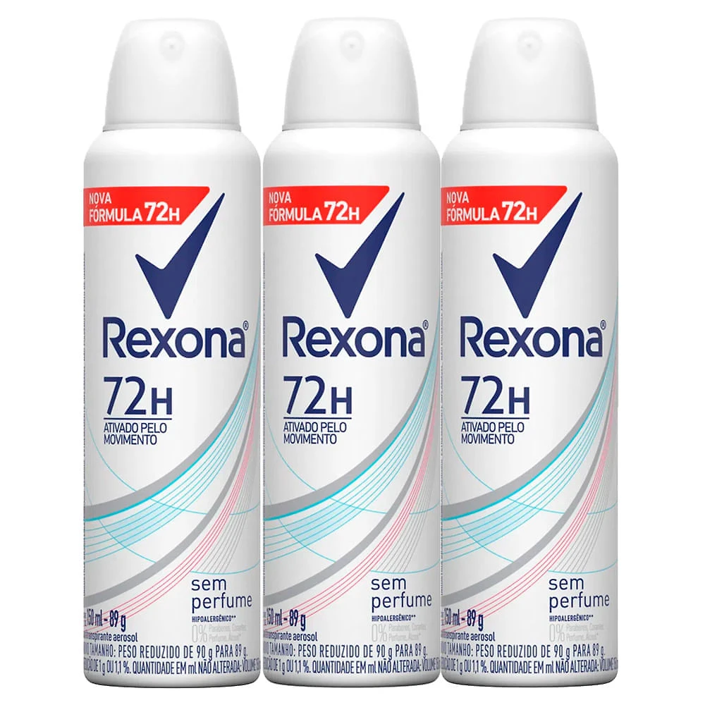 Kit 3X 150ml Desodorante Rexona Sem Perfume Aerosol Antitranspirante 72h