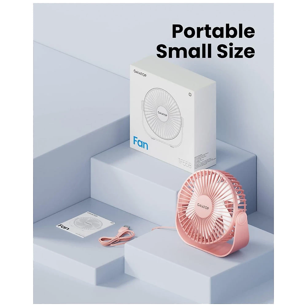 Ventilador de Mesa USB Gaiatop Rosa 14 cm, 3 Velocidades até 4,8 m/s 2500 RPM, Rotação 90°, Silencioso 40 dB, 5 Lâminas, Modelo TF55B, 5V (DC)