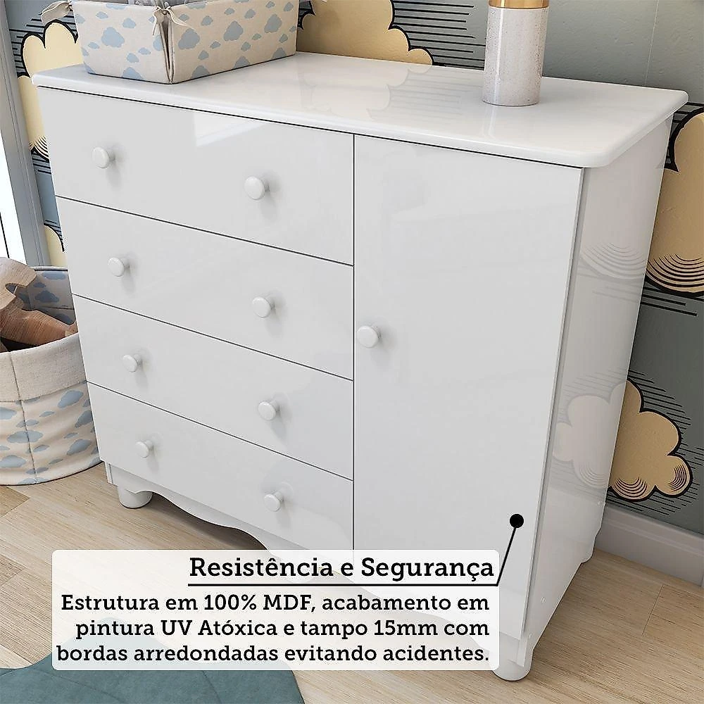 Quarto de Bebê com Cômoda 1 Porta e Berço Minicama 100% MDF Nina Espresso Móveis Quarto de Bebê com Cômoda 1 Porta e Berço Americano Nina Espresso Móveis Branco Brilho