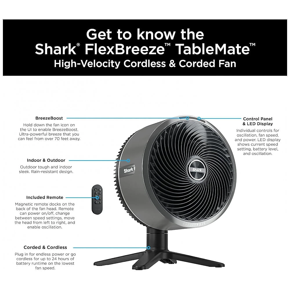 Ventilador Shark FlexBreeze TableMate portátil de mesa, indoor & outdoor, com fio e sem fio, cinza carvão, 110V