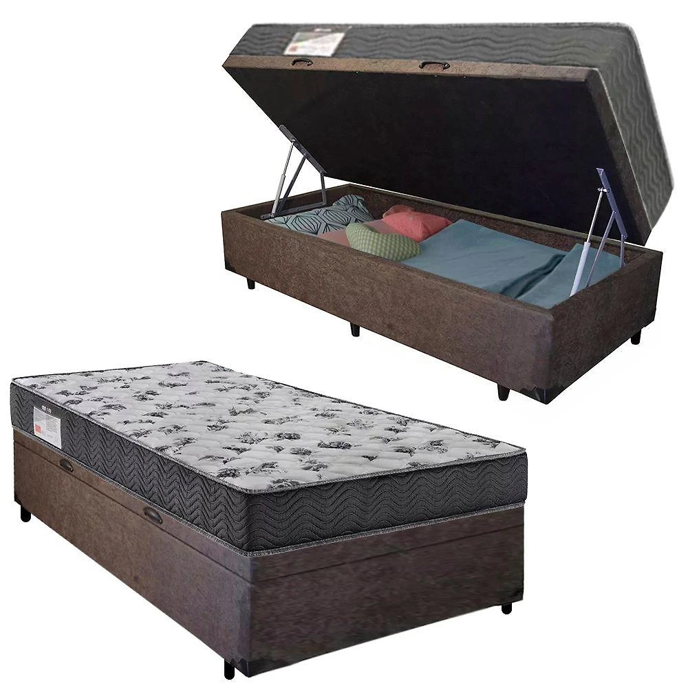 Cama Box Solteiro Suede + Colchão De Molas Ensacadas - Sereneprime - 88x188x58cm Cor:marrom