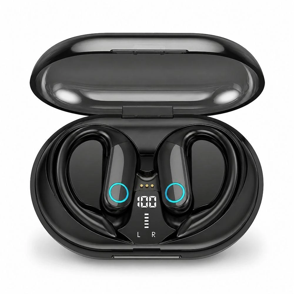 Fone de Ouvido Bluetooth MDM Arc Esportivo com Gancho Bateria 4h com Case Carregador Preto