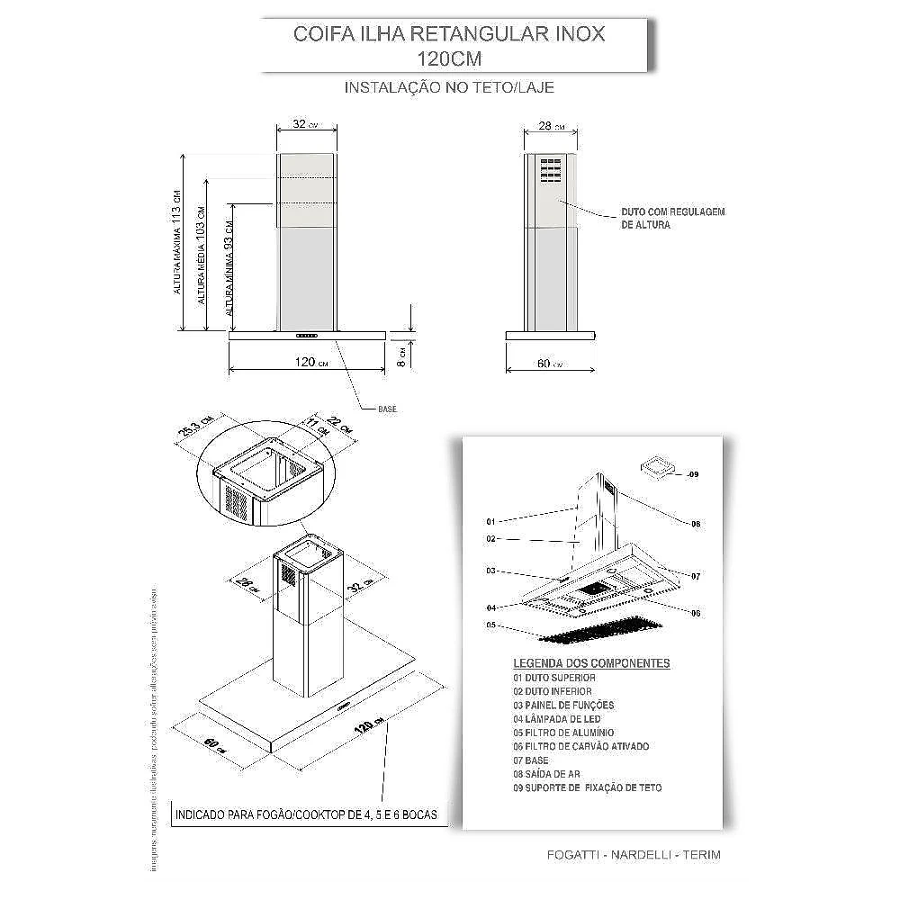 Coifa Terim Ilha Teto Retangular Inox 120 cm Inox 220V