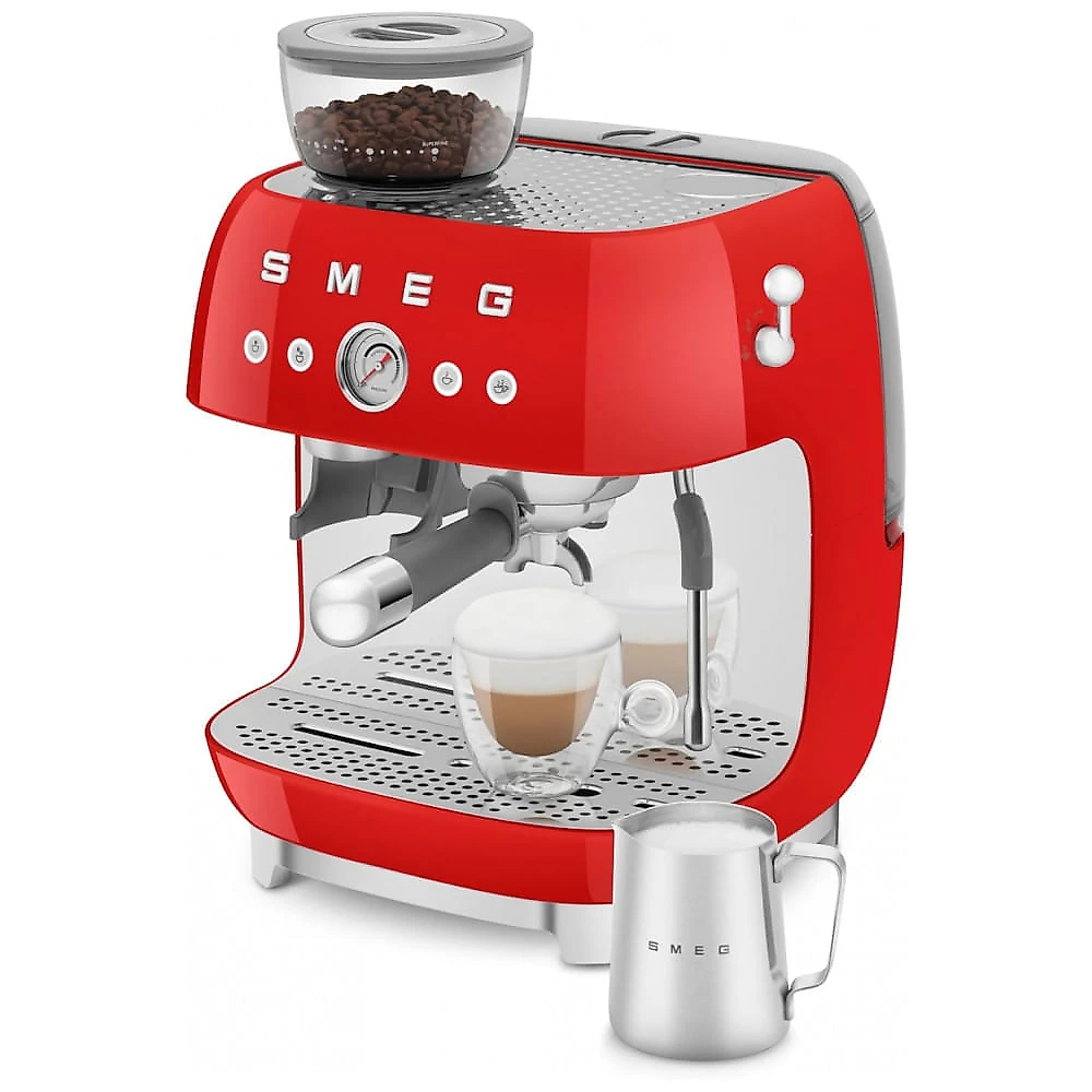 Máquina de espresso semi‑automática Smeg vermelho retrô com moedor integrado, duplo termobloco, porta‑filtro 58 mm e reservatório 2,4L, 110V