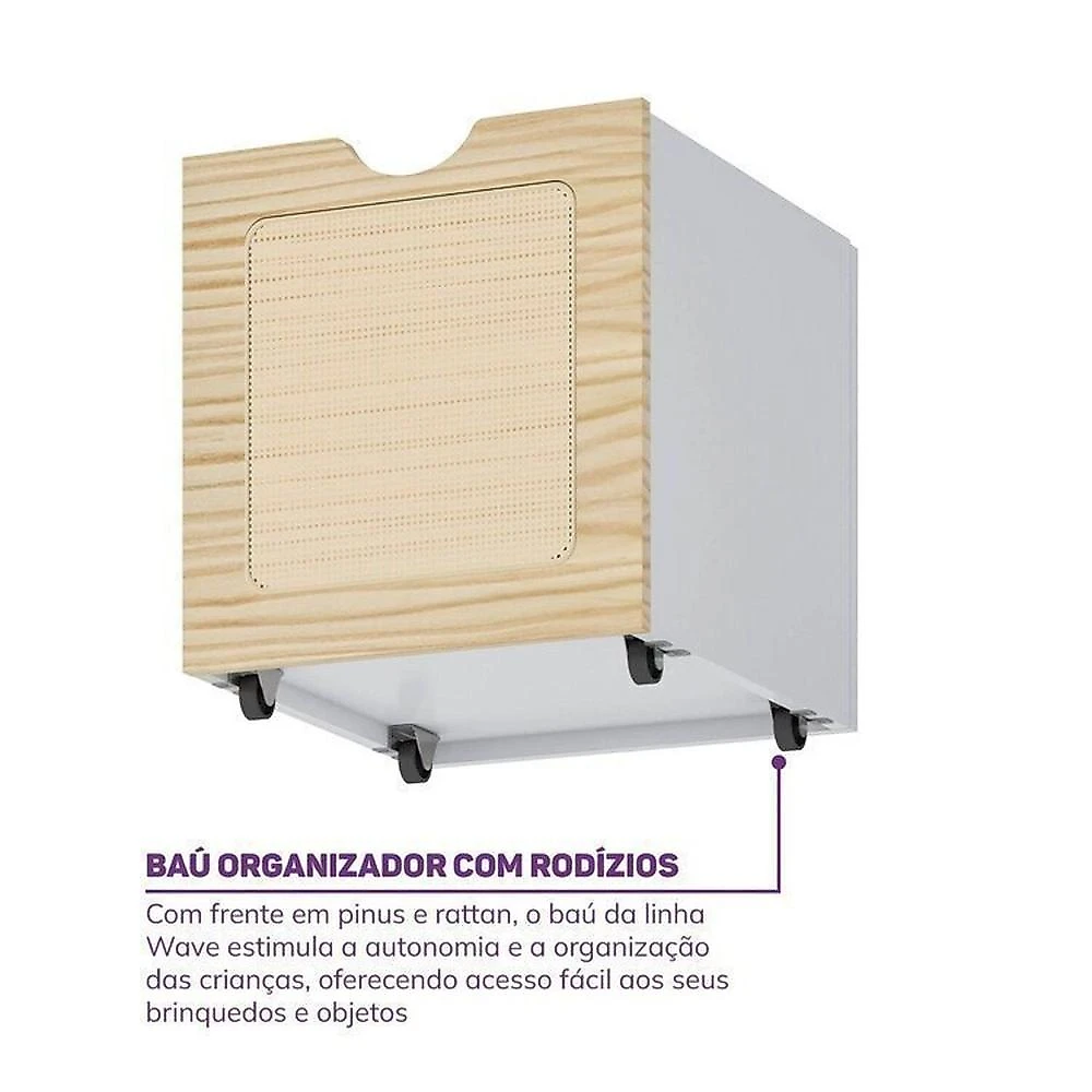 Conjunto Dormitório com Cama Montessoriana Casal e Guarda-roupa Modulado com Led Wave Casatema Branco/Natural