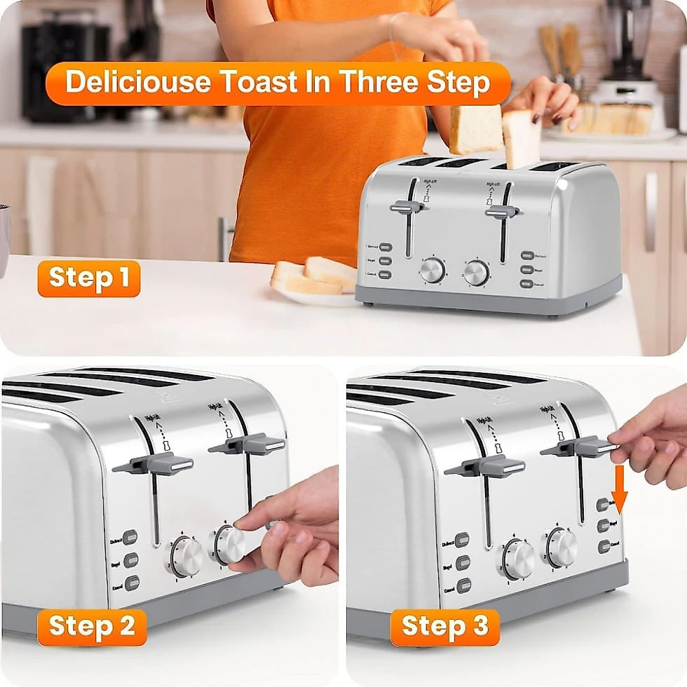 Torradeira Elétrica 4 Fatias com 7 Níveis de Tostagem de Aço Inoxidável, 110V, Lainsten T527, Prata
