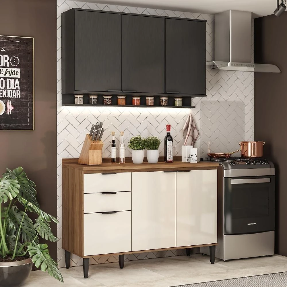 Armário De Cozinha Completa C/ Tampo Lótus Tiny Carraro Freijó Off White Preto Touch