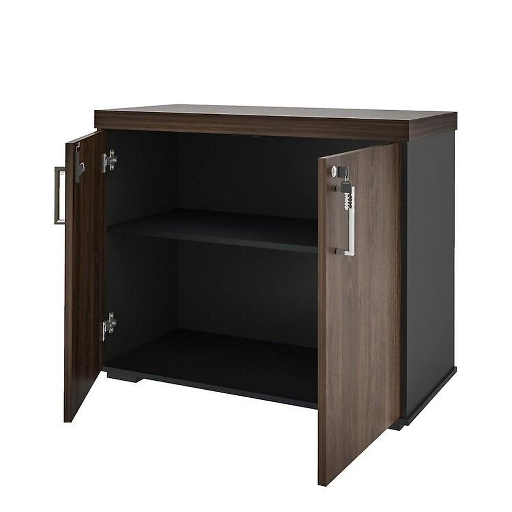 Kit 3 Peças com Mesa para Escritório Diretor em L, Armário Multiuso Baixo e Gaveteiro 3 Gavetas Conjunto para Escritório Executivo 3 peças Estação Diretoria Balcão 2 portas e Gaveteiro 3 Gavetas Charuto/Preto