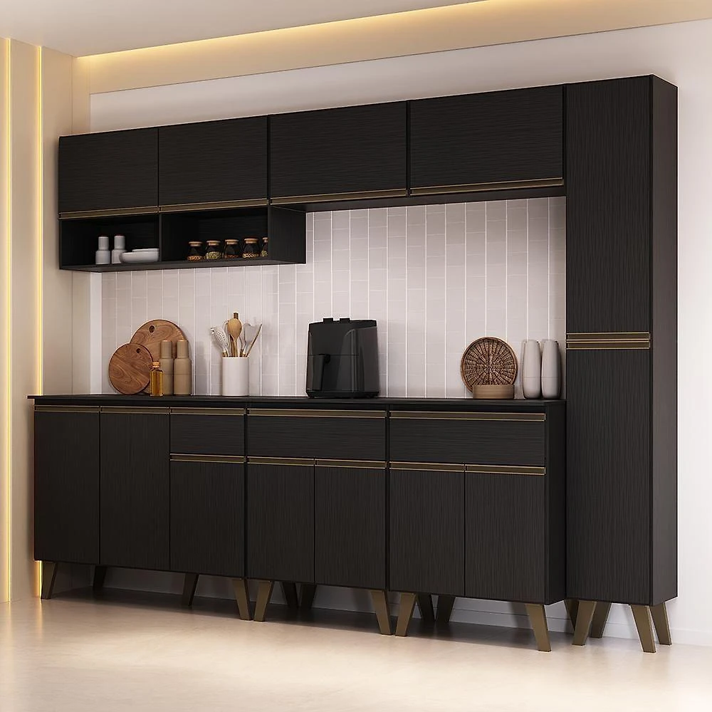 Cozinha Completa Atlanta Bay 13 Portas 3 Gavetas MDF Preto Touch Carraro