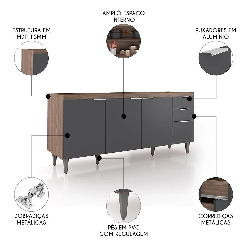 Miniatura Balcão De Cozinha Com Pia Inox 180cm Pérola Z34 Freijó Grafite Mpozenato