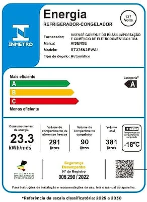 Geladeira Hisense Duplex Branca 381L Inverter Frost Free RT3N375 110V