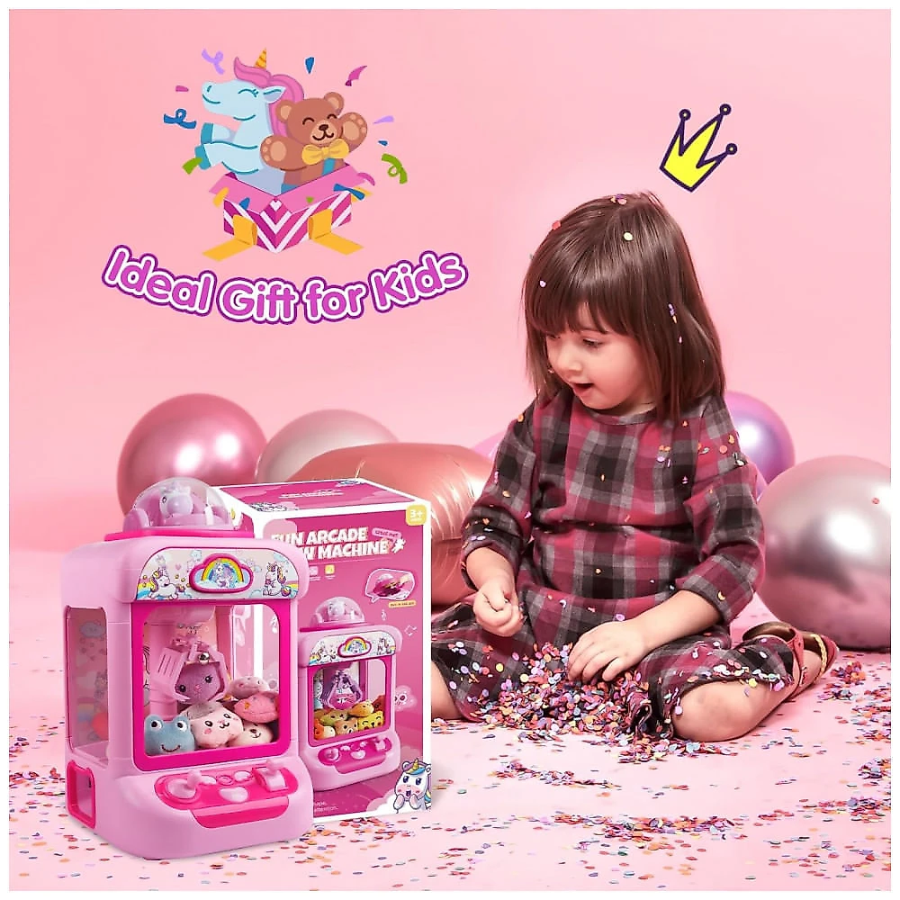 Máquina de Garra Unicornio TingingYuli Rosa Mini Arcade Eletrônica com 20 Pelúcias e Dispensador de Doces para Crianças