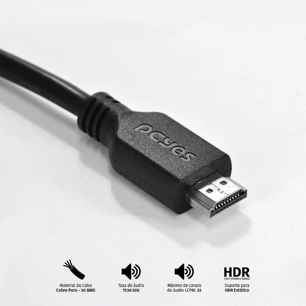 Cabo HDMI PHM20-2 2M 4K 60HZ com Largura de Banda 18GBPS e Suporte HDR Pcyes