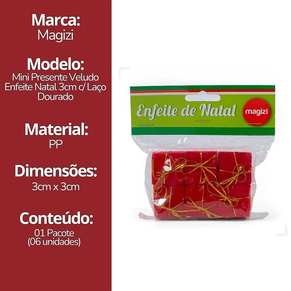 Enfeite de Natal Kit 6 Mini Presentes 3x3cm Vermelho para Árvore e Arranjos Yangzi