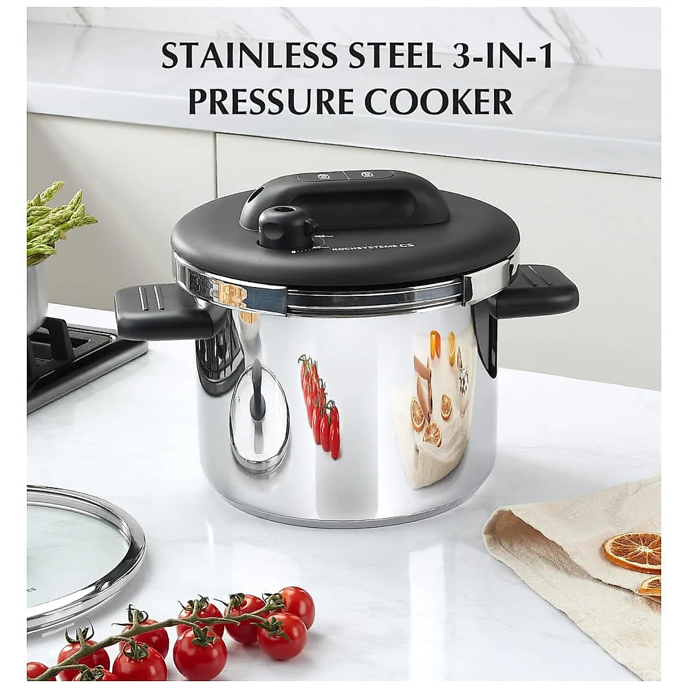 Panela de Pressão em Aço Inoxidável KOCH SYSTEME CS, 6,3 litros Olla de Pressão, Trava Easy OnePress, 3 Configurações de Pressão 3 PSI,