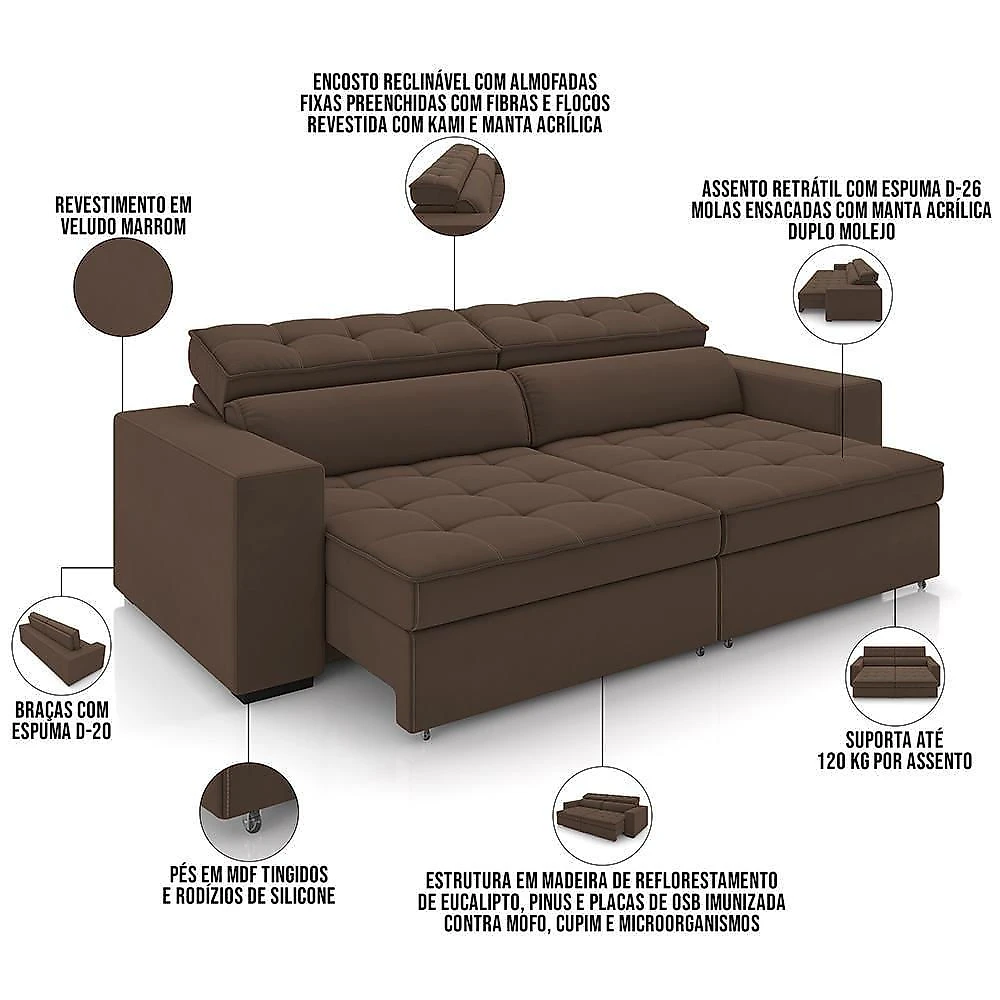 Sofá Retrátil Reclinável Para Sala De Estar Living 290cm Clara M03 Veludo Marrom - Lyam Decor