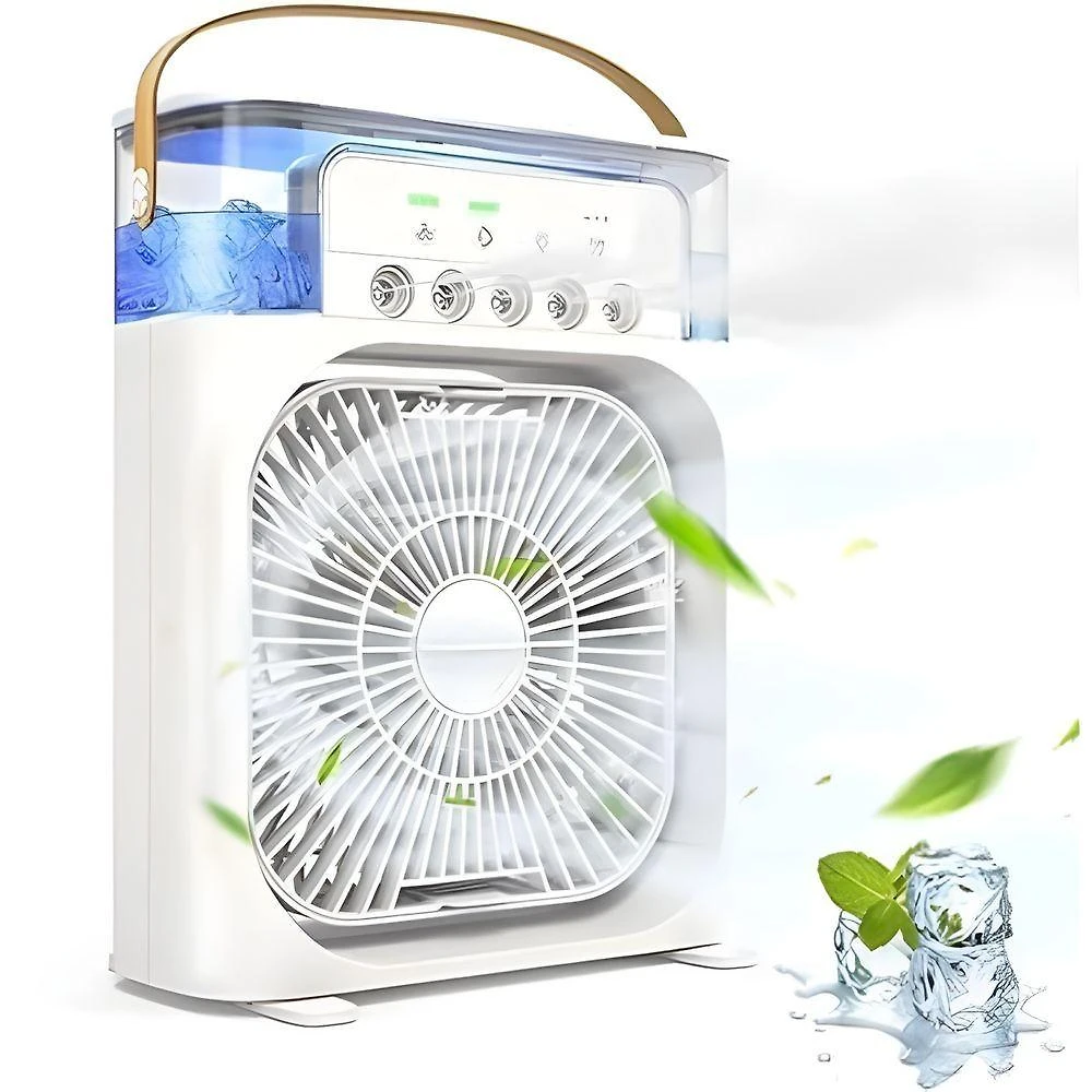 Ventilador Portátil de Mesa Mini Ar Condicionado Umidificado com Névoa Refrescante 3 Velocidades LED