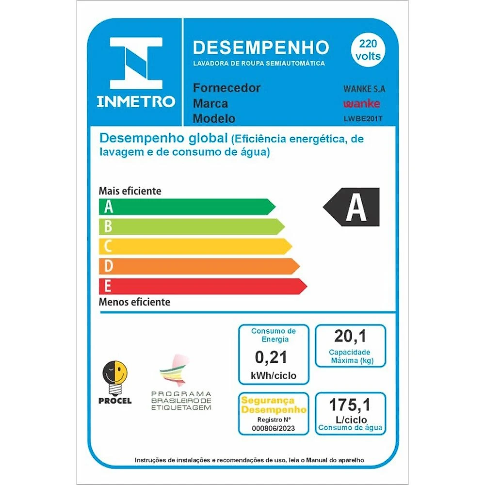 Lavadora de Roupas Wanke Premium, 20 Kg, Branca – 220 Volts