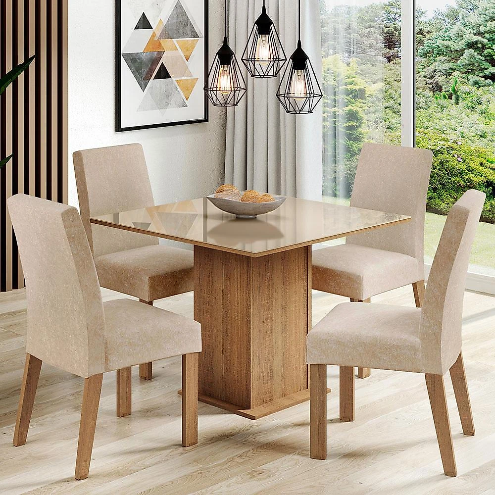 Miniatura Conjunto Sala de Jantar Madesa Evelin Mesa Tampo de Vidro com 4 Cadeiras Rustic/Crema/Imperial