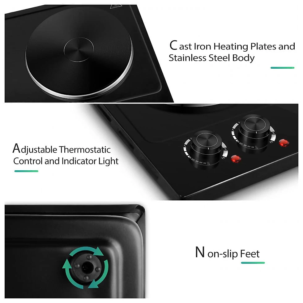 Cooktop Elétrico de Bancada com 2 Queimadores e Controle de Temperatura Ajustável, 110V 1800W, Cusimax, Preto