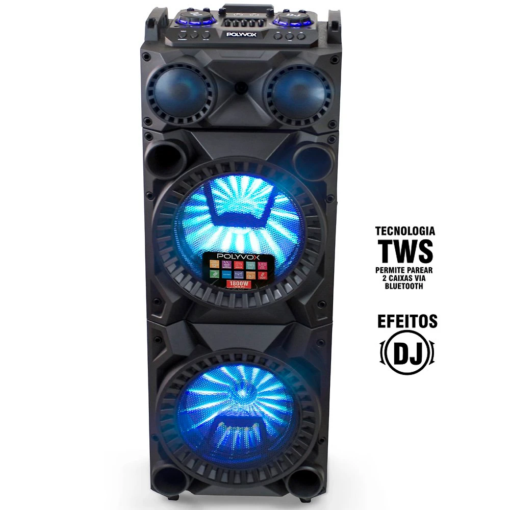 Caixa de Som Bluetooth Torre TWS Polyvox XT1200 com Controle Remoto e Mesa Equalizadora