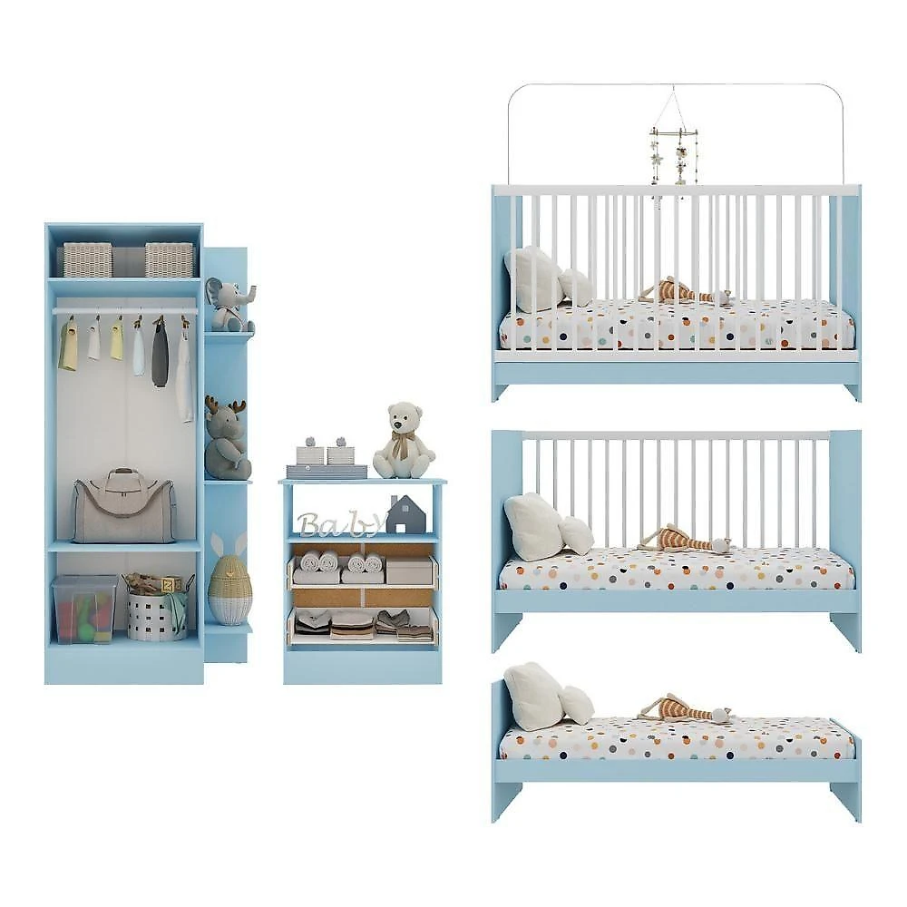Jogo De Quarto Infantil Com Colchão Incluso Trevalla Móveis Pom Pom - Azul-branco Azul-branco