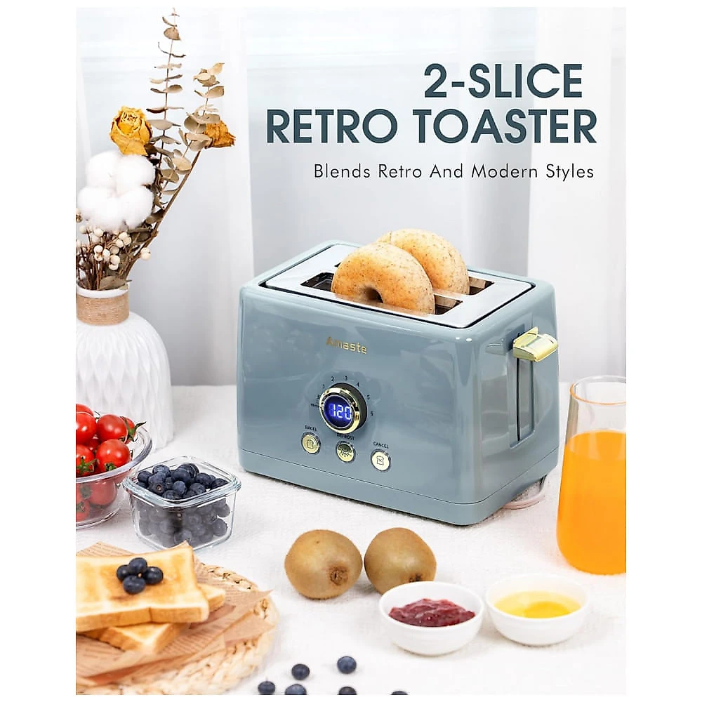 Torradeira Amaste 2 Fatias Retro Azul Acinzentado, Timer Digital LED, 6 Níveis, Bagel, Descongelar, Bandeja Removível, MT-01 850W 110V