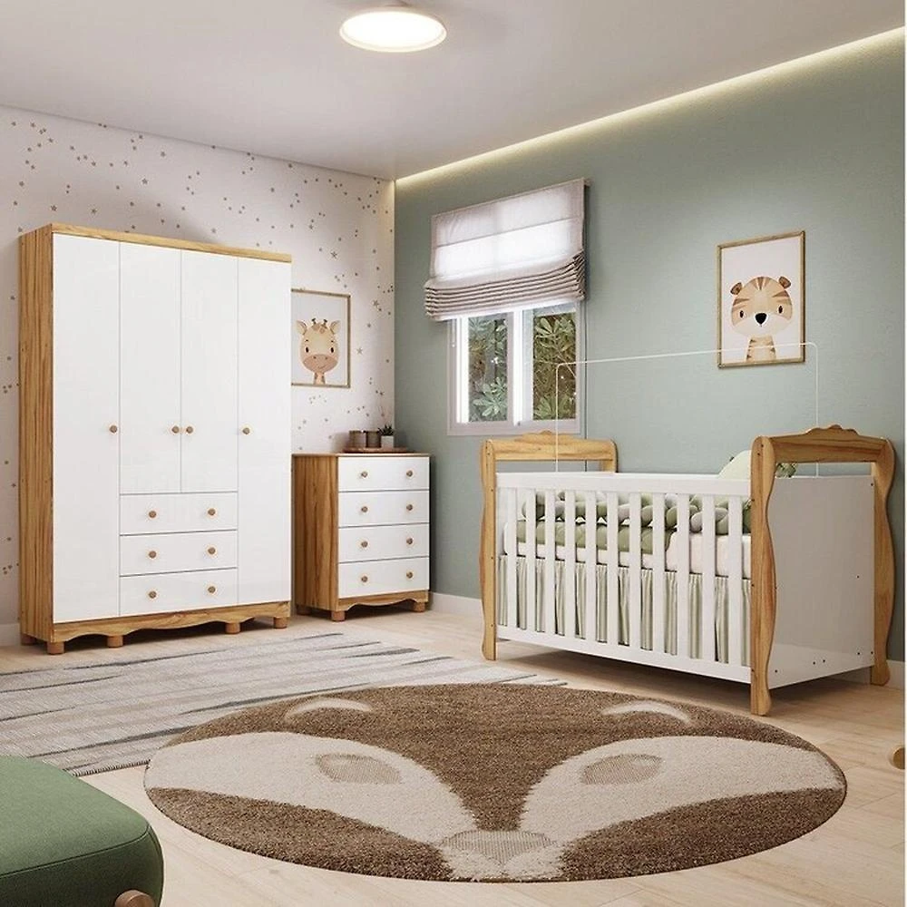 Quarto de Bebê Completo Berço Minicama Guarda-roupa 4 Portas e Cômoda 100% Mdf Nina Espresso Móveis