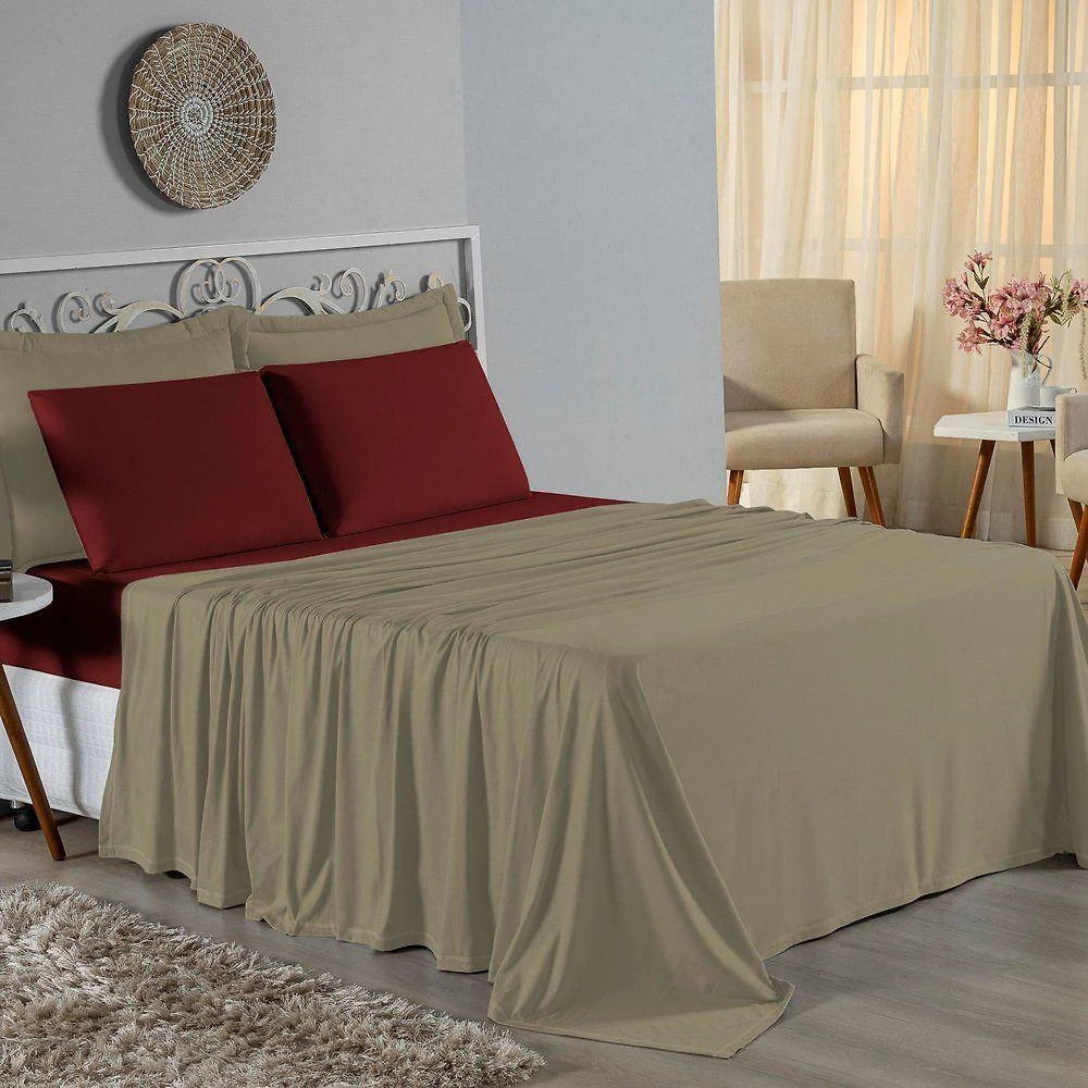 Jogo De Cama Queen Nobre 4 Peças Lençol Com Elástico De 30cm De Altura Malha 100% Algodão - Avelã / Vinho