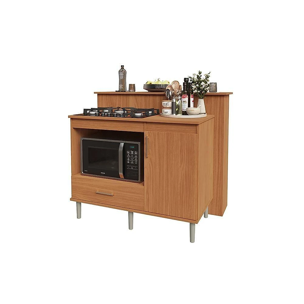 Kit Bancada Ilha Para Cozinha + Balcão Para Cooktop 1,05m 5 Bocas Turim Nature Nature
